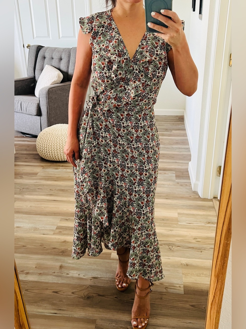 Max Studio Floral Wrap Midi Dress ruffled wrap in Green size M